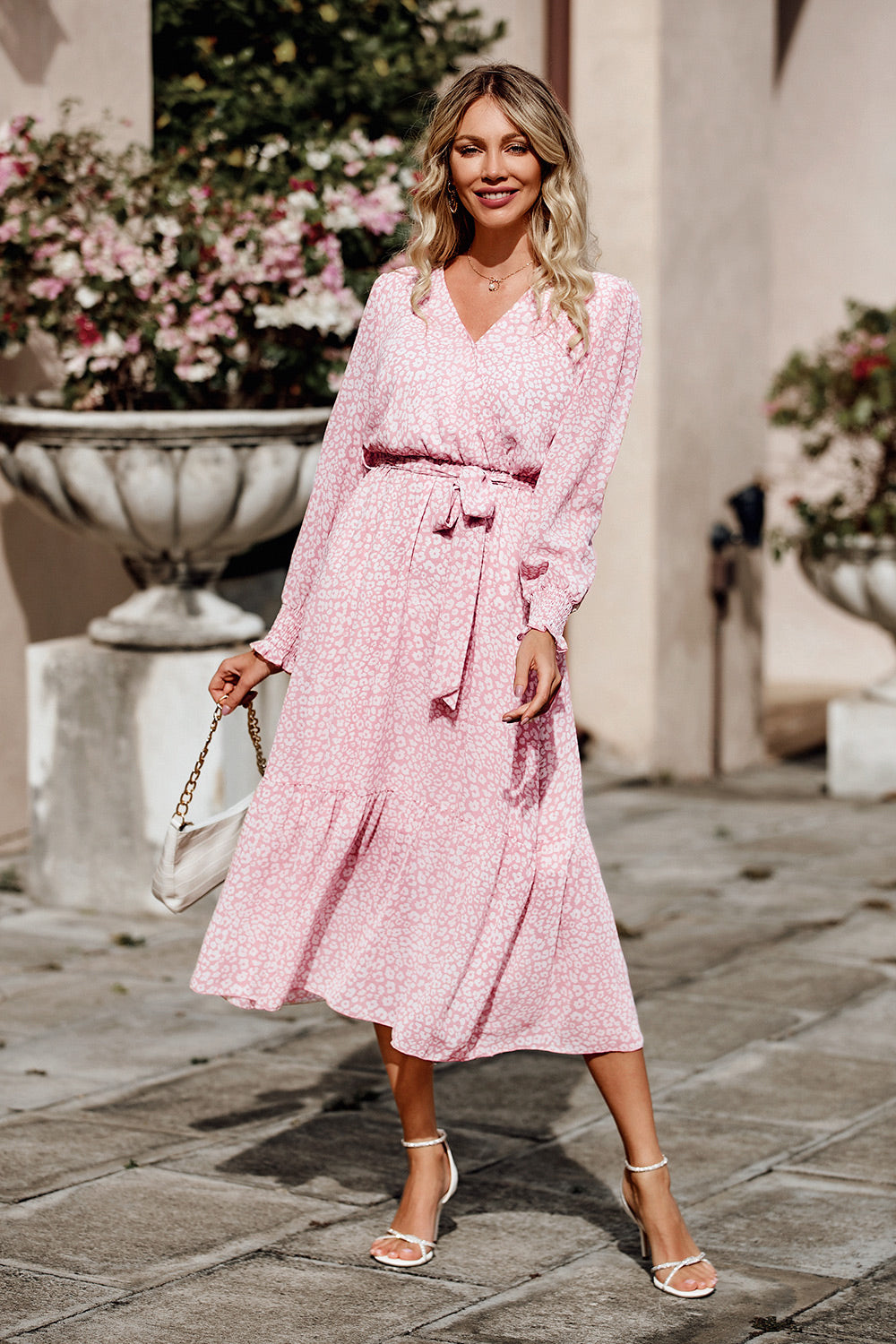 Long Sleeve V Neck Ruffle Belted Boho Dresses