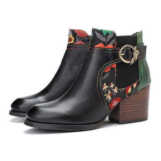 Socofy Vicconfy Genuine Leather Vintage Belt Buckle Crushed Flower Ankle Boots 1000
