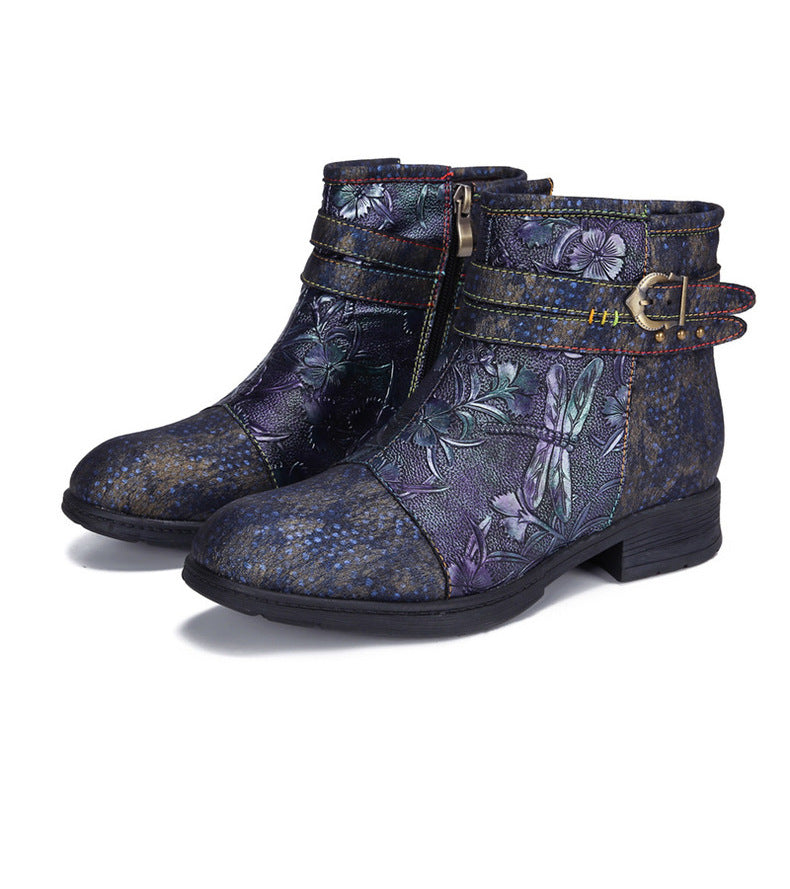 Socofy Vicconfy Embossed Hand Painted Flat Ankle Boots â socofy