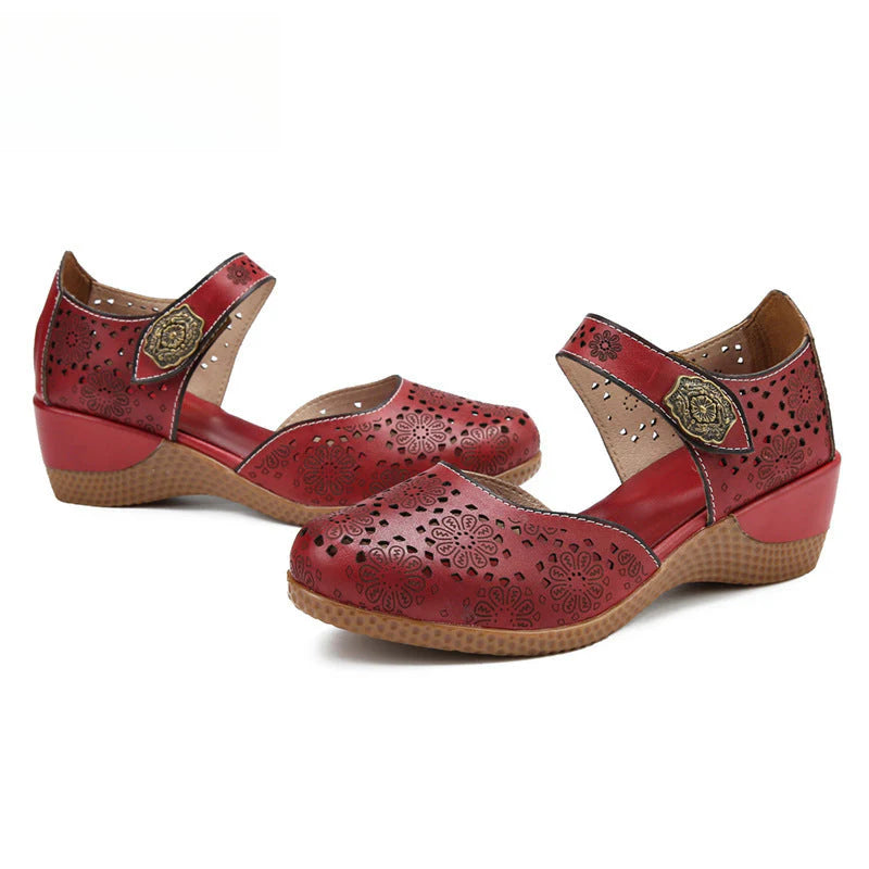 Socofy Genuine leather romantic three-dimensional flowers hollowed out sandals