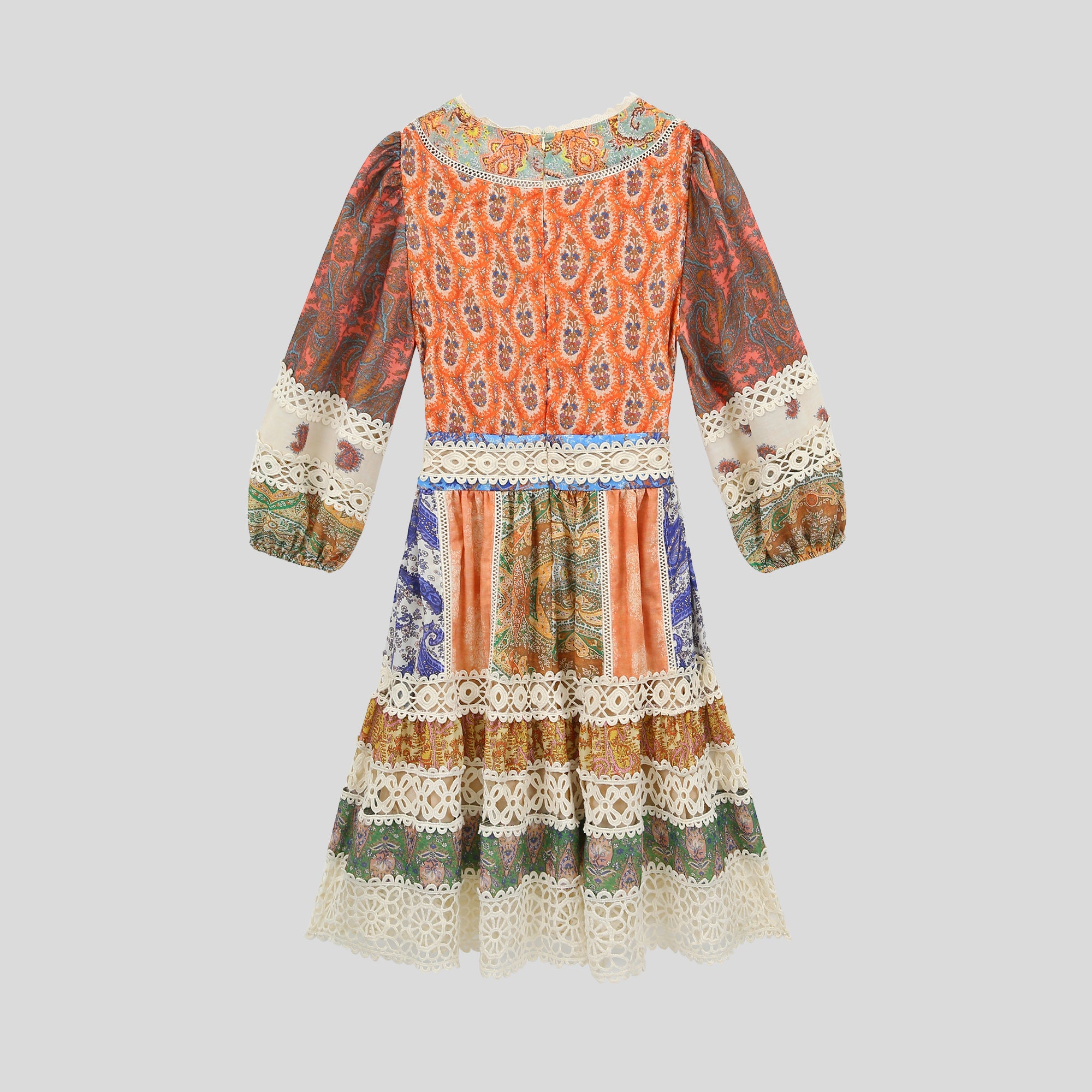 Printed patchwork lace V-neck three-quarter sleeve dress