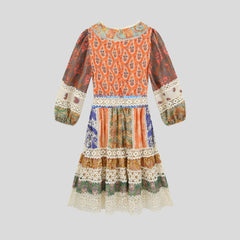 Printed patchwork lace V-neck three-quarter sleeve dress