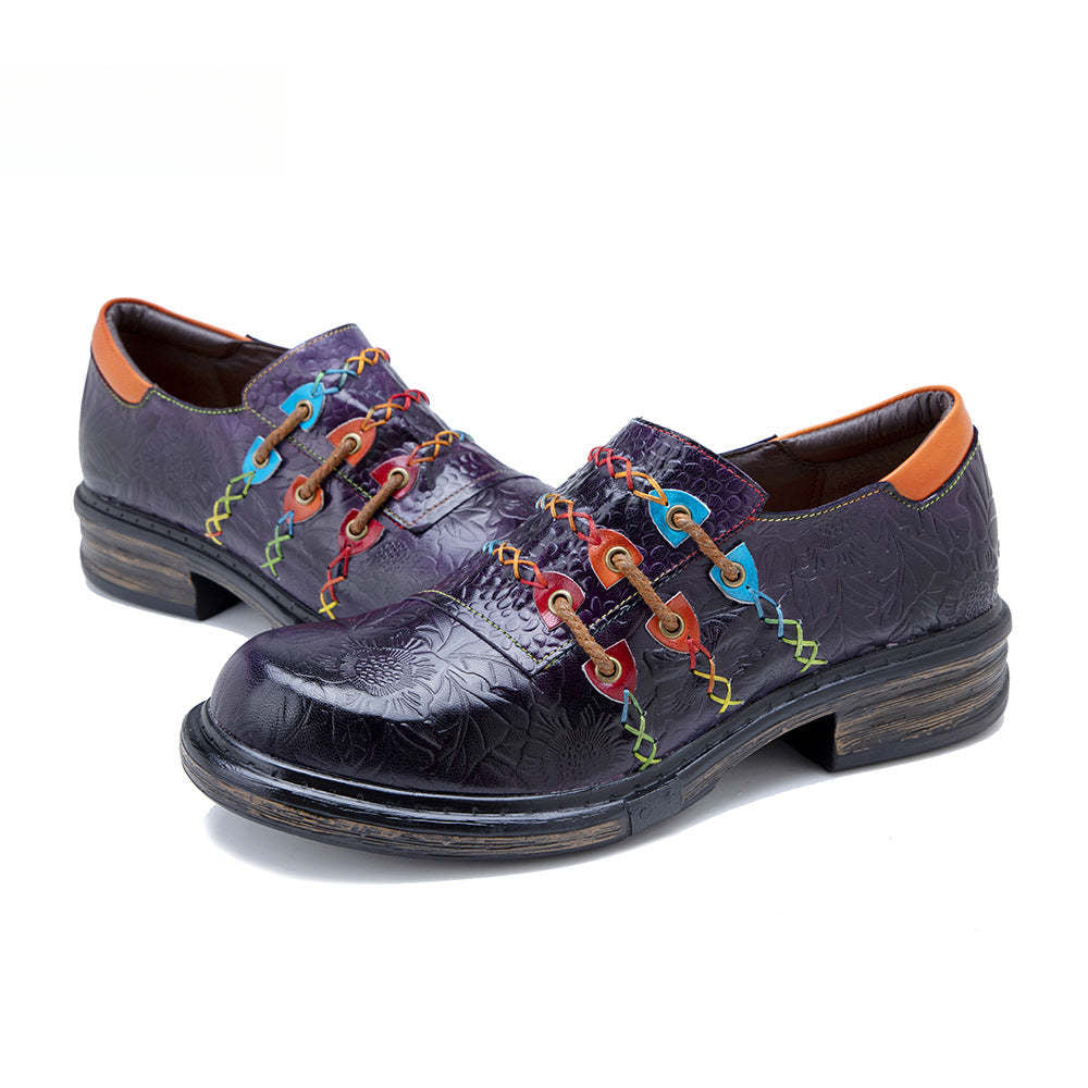 Socofy Genuine Leather Colourful Rope Deco Ethnic Printed Women's Flat Shoes