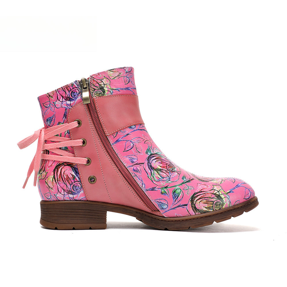 Socofy Vicconfy Retro Leather Blossom Casual Comfort Ankle Boots