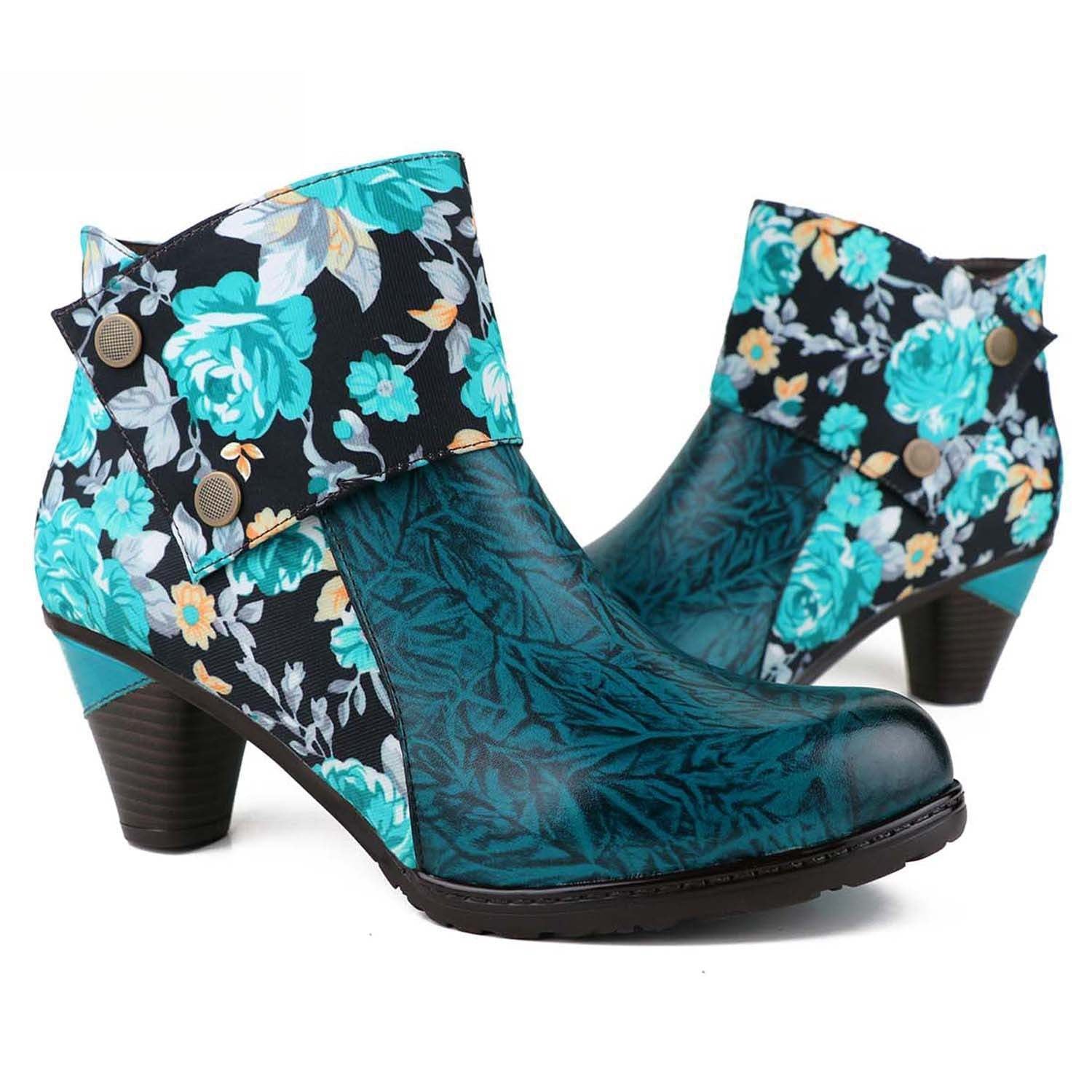Socofy Autumn ethnic style cowhide thickened mid-calf round toe fashion boots for women