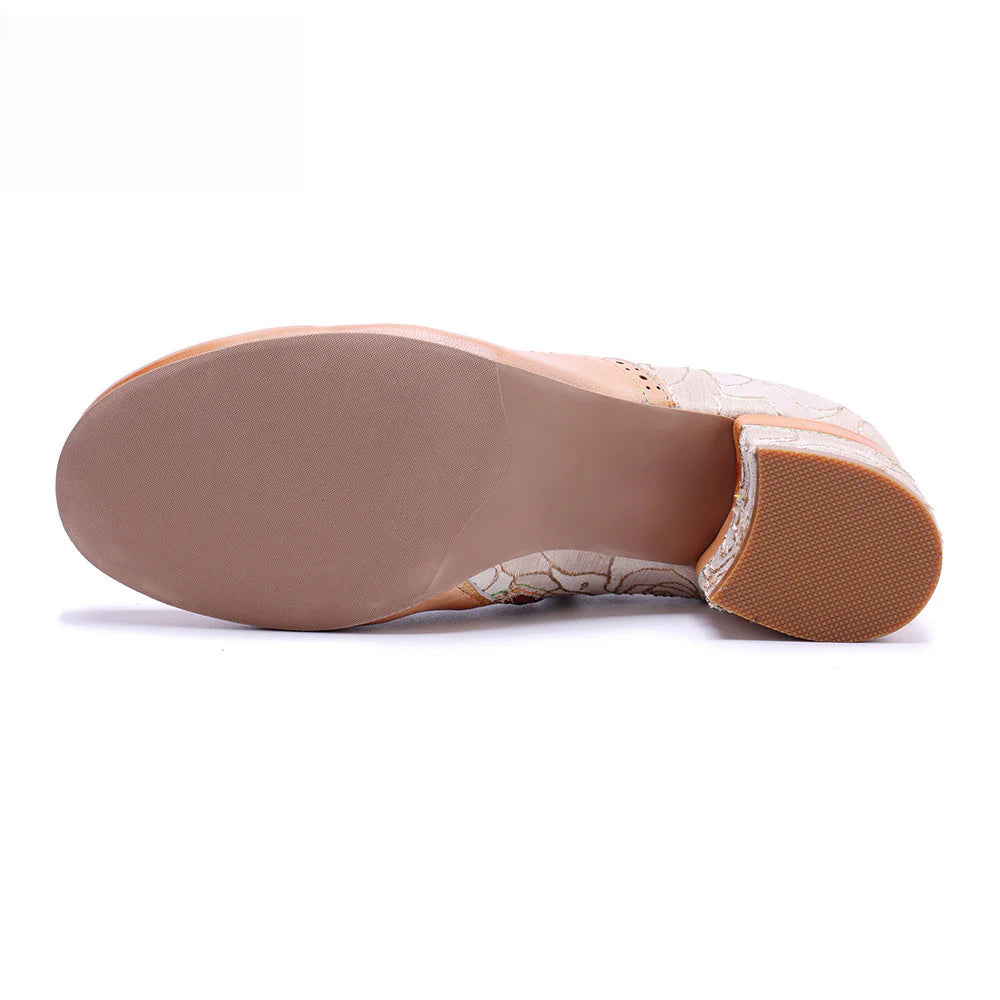 Socofy Genuine leather beige vintage brogue tassel side zipper pumps