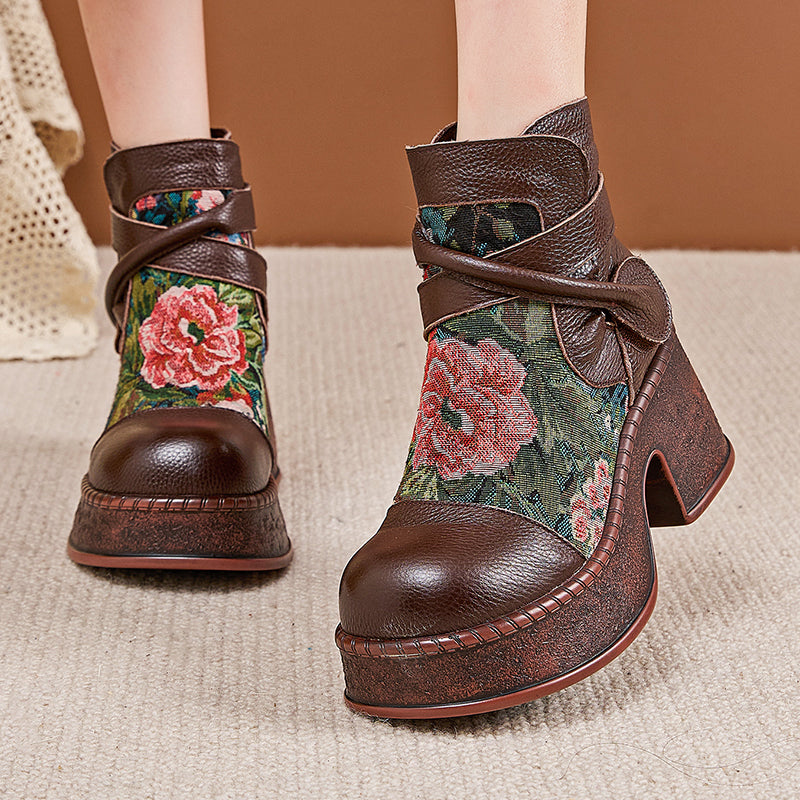 Socofy Retro Cowhide Leather Chunky Heel Platform Boots