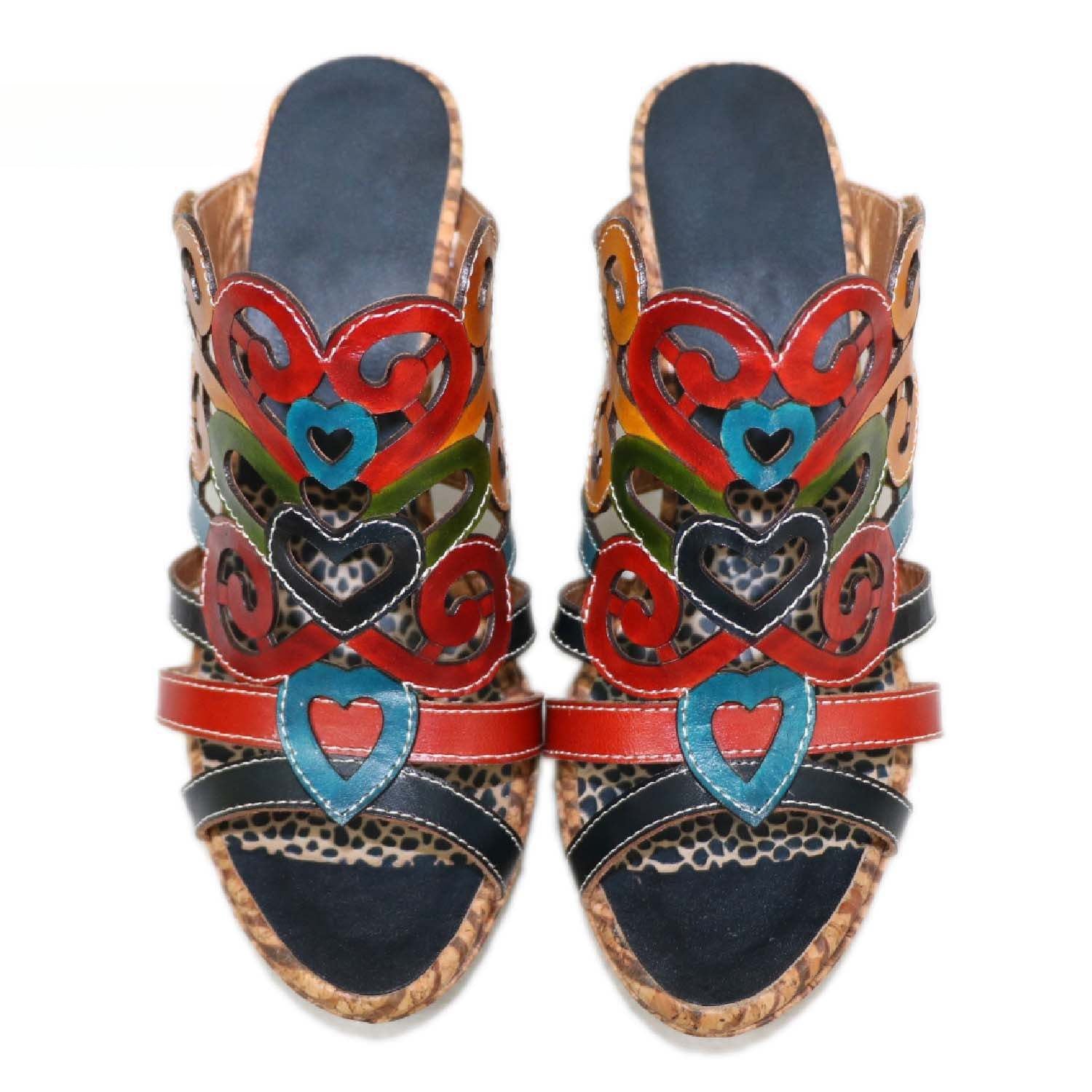 Socofy summer ethnic style leather women's shoes high heels handmade slippers