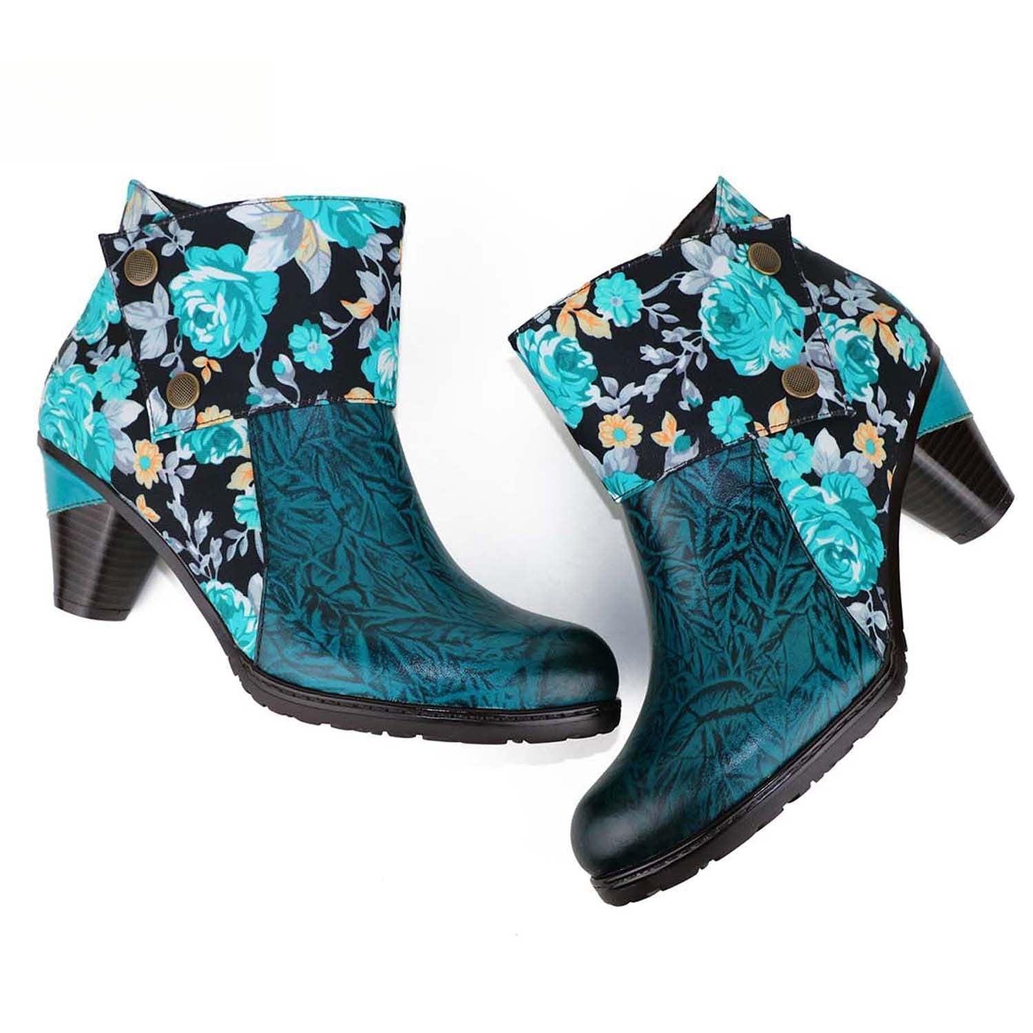 Socofy Autumn ethnic style cowhide thickened mid-calf round toe fashion boots for women