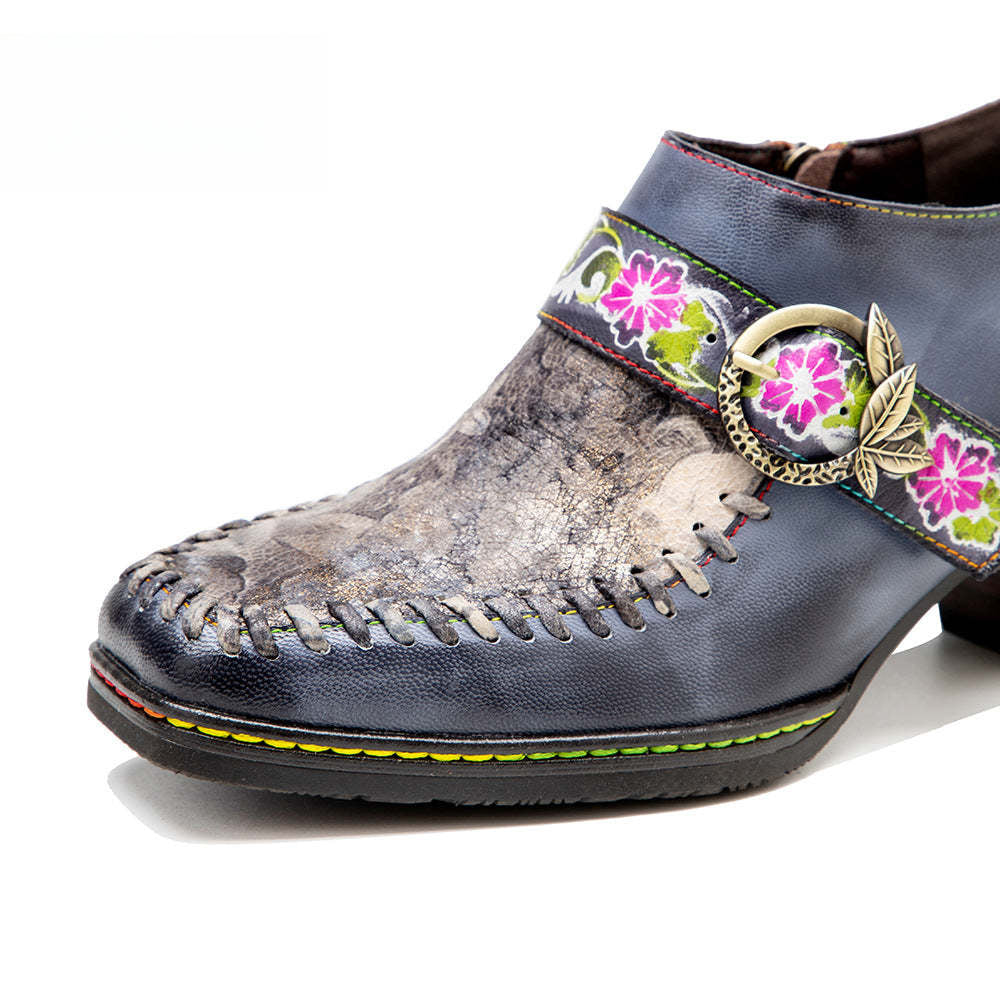 Socofy leather patchwork retro belt buckle chunky heel women's shoes