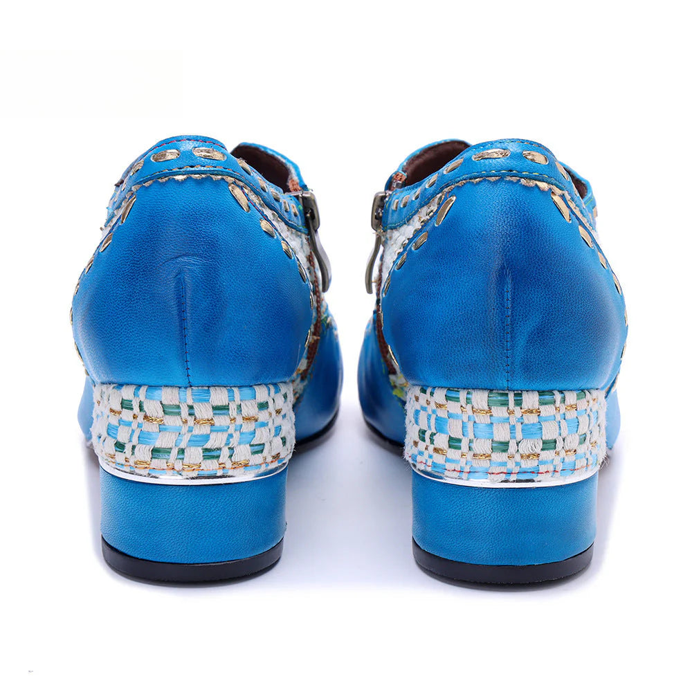 Socofy Genuine Leather Vintage Boho Woven Side Zipper Pumps