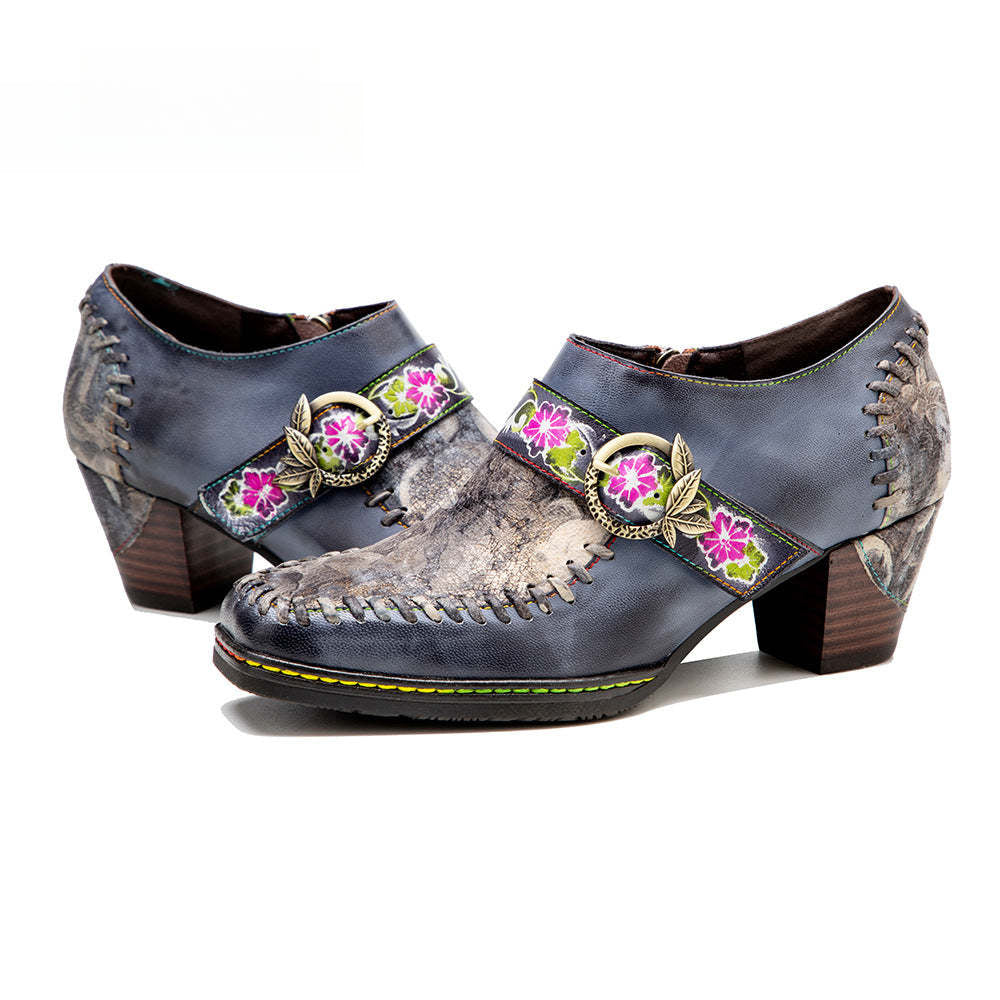 Socofy leather patchwork retro belt buckle chunky heel women's shoes
