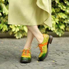 Socofy genuine leather retro printed lace-up casual round toe thick heel women's leather flat shoes