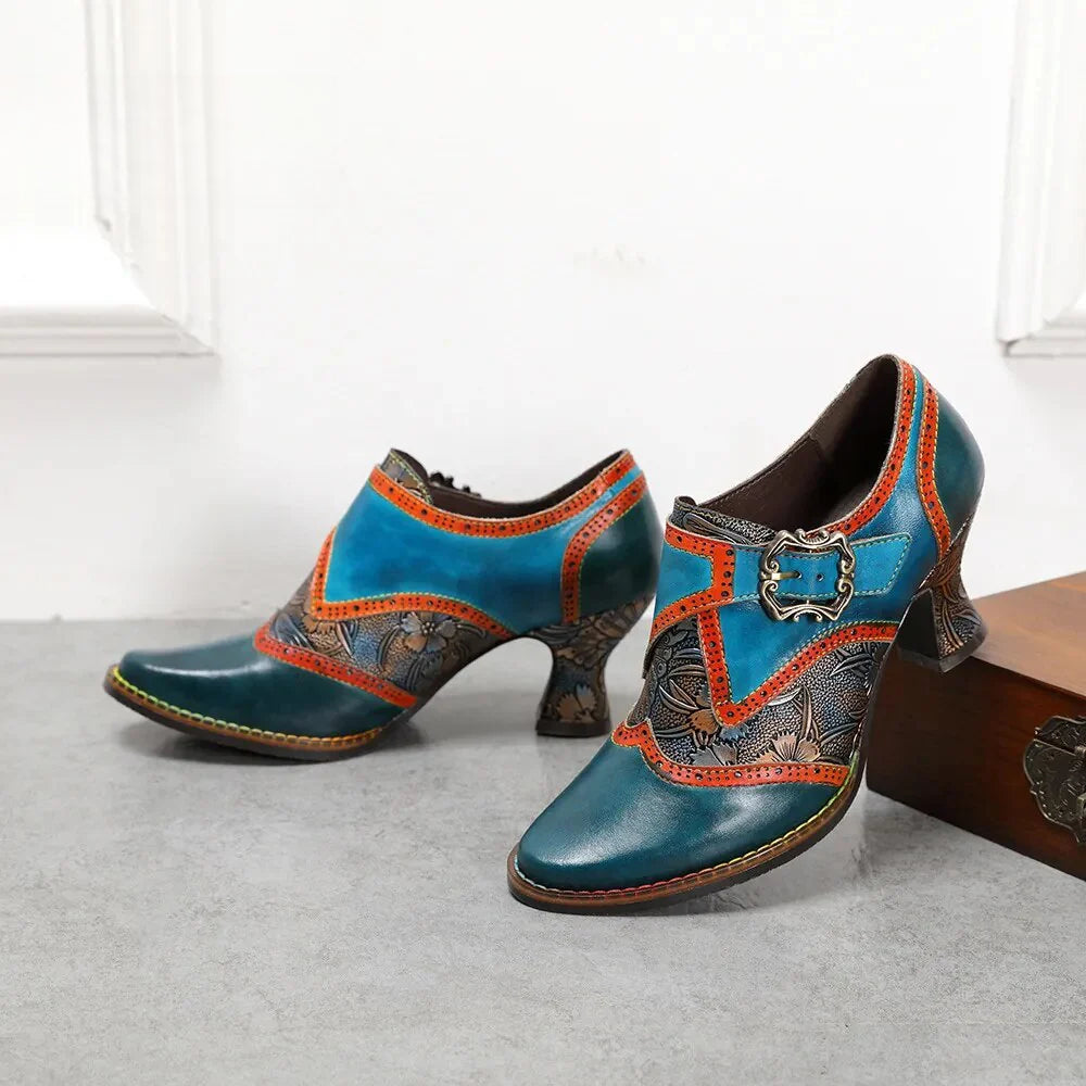 SOCOFY Retro Genuine Leather Square Heel Round Toe Buckle Strap Mixed Colors British Style Novelty Flower Shoes