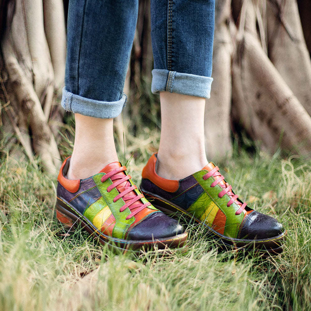 Socofy Colour Patchwork Genuine Leather Women's Flat Shoes