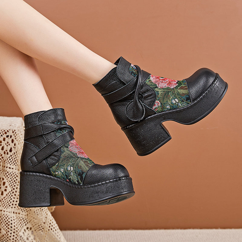Socofy Retro Cowhide Leather Chunky Heel Platform Boots
