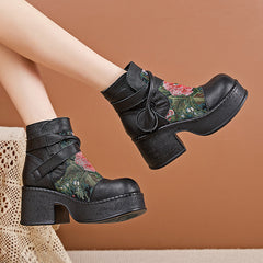 Socofy Retro Cowhide Leather Chunky Heel Platform Boots