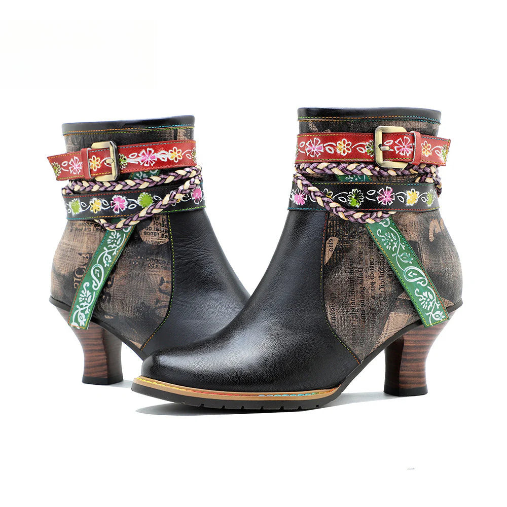 Socofy Vicconfy Genuine Leather Vintage Braided Belt Buckle Boots