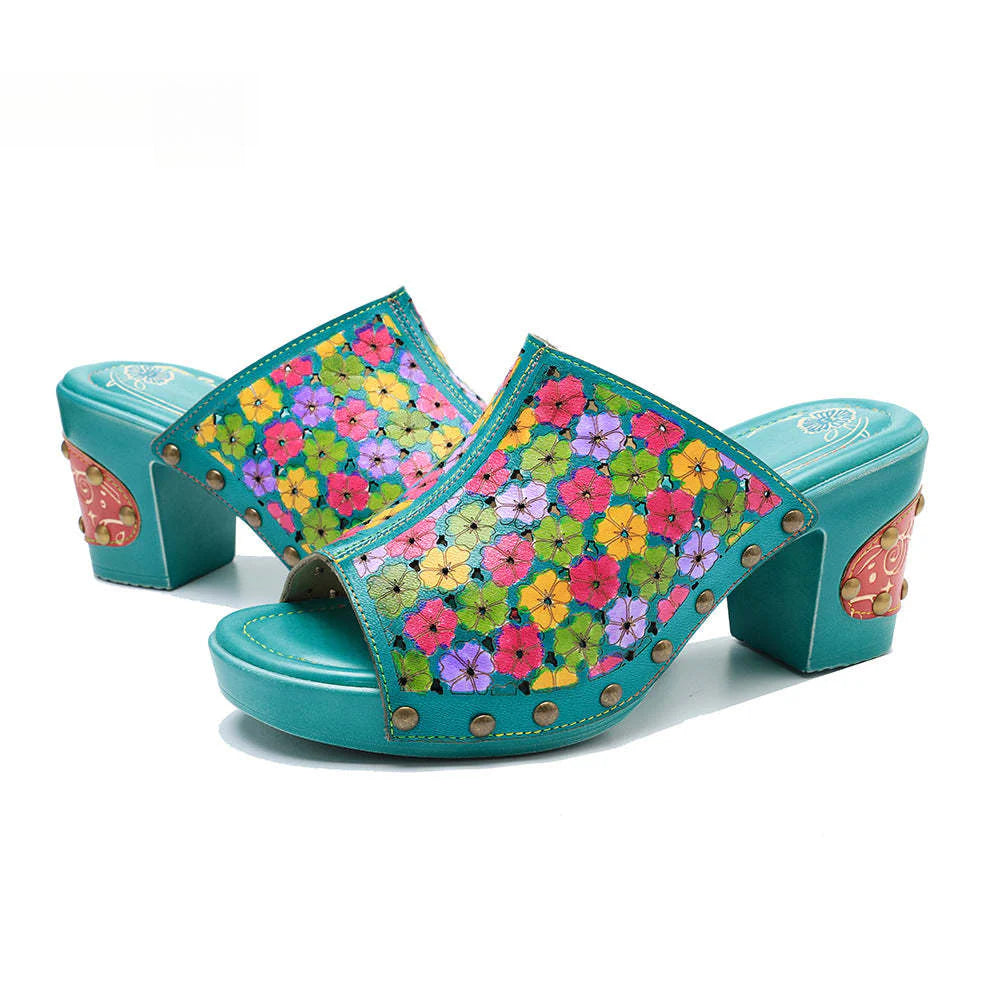 Socofy leather rubbed colour vintage floral casual fashion high heeled sandals