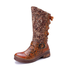 Socofy Winter Leather Vintage Printed Boots