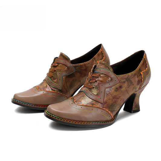Socofy Vicconfy Genuine Leather Ethnic Brown High Heels 800