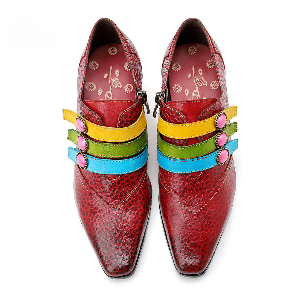 Socofy Red Leather Vintage Buckle High Heels Women's Shoes