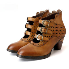 Socofy Vicconfy Retro Cutout High Heel Leather Boots