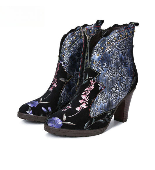 Socofy Vicconfy Vintage Genuine Leather Boots Floral Women's Boots 790