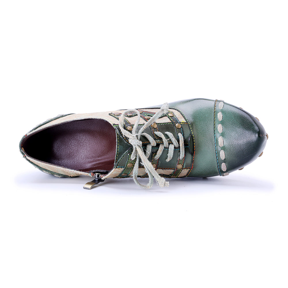 Socofy Vicconfy Genuine Leather Army Green Ethnic Style High Heels