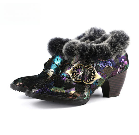 Socofy Vicconfy Genuine Leather Vintage Genuine Wool Patchwork Vintage Illusion Pumps 790