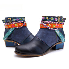 Socofy Vicconfy Genuine Leather Braided Strap Cowboy Style Women's Boots