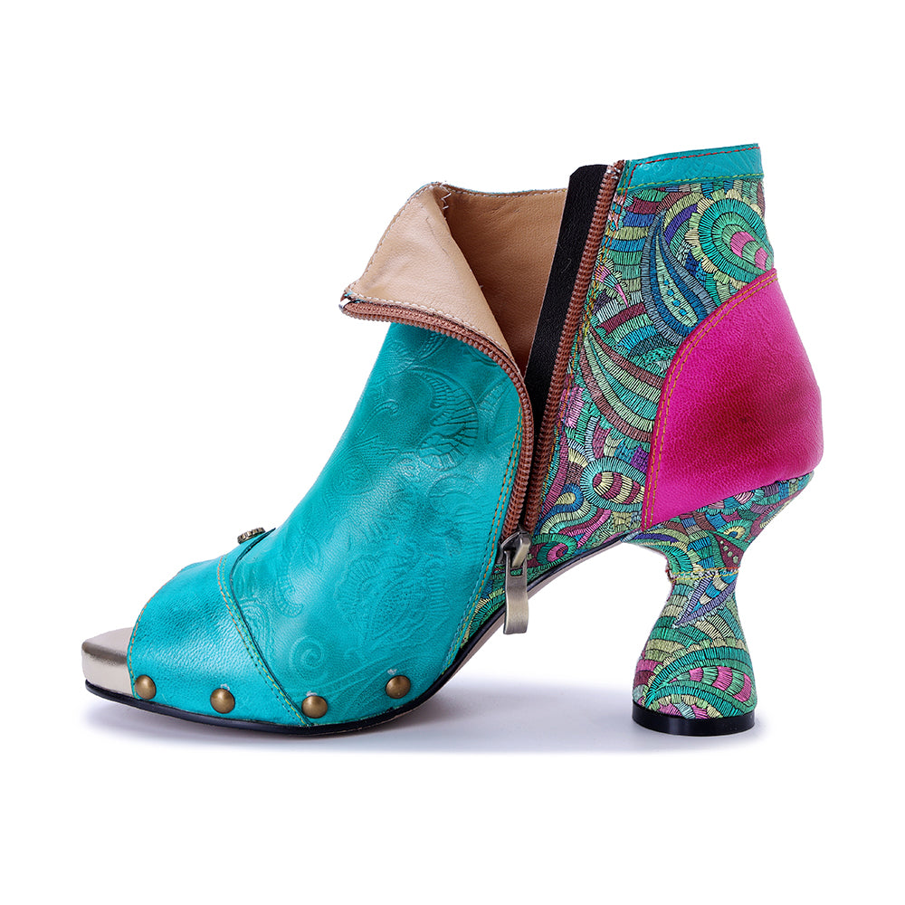 Socofy Vicconfy Leather Floral Fish Mouth Lake Green Heeled Sandals