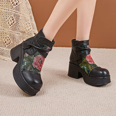 Socofy Retro Cowhide Leather Chunky Heel Platform Boots