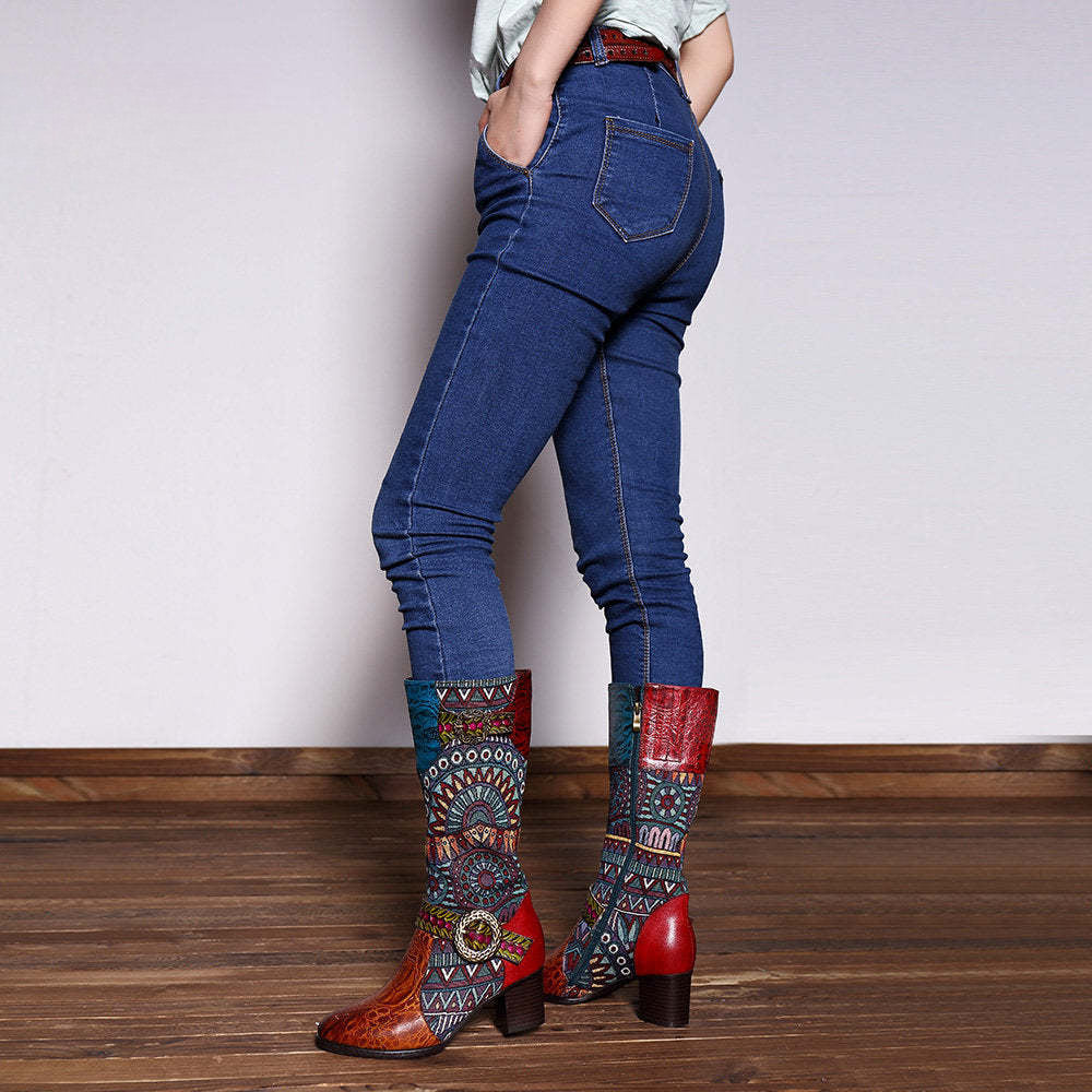 Socofy pointed-toe adhesive-soled high-top cowhide bohemian ethnic style fashion boots