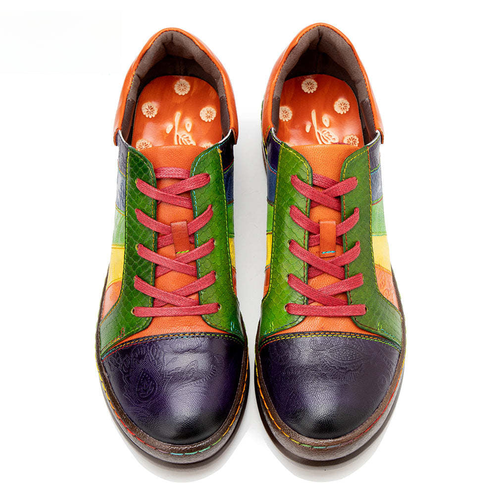 Socofy Colour Patchwork Genuine Leather Women's Flat Shoes