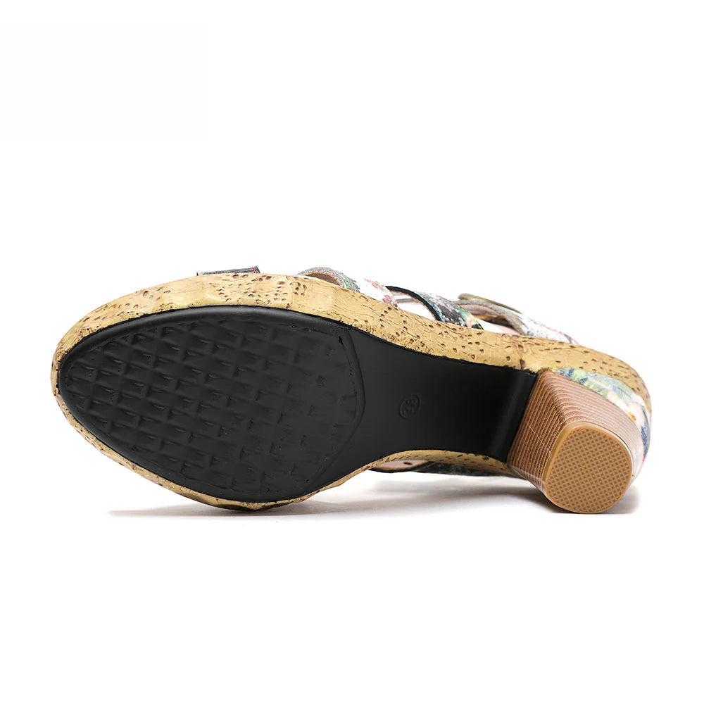 Socofy Vicconfy Leather Floral Heeled Black Sandals