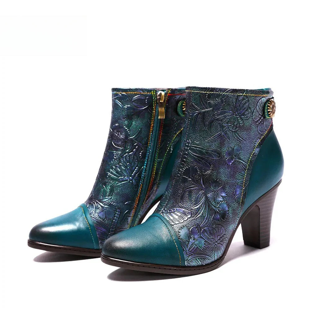 SOCOFY Genuine Leather Retro Handmade Exquisite Embossed Fashion Zip Winter Boots