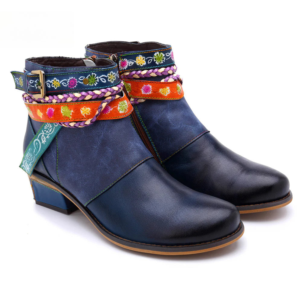 Socofy Vicconfy Genuine Leather Braided Strap Cowboy Style Women's Boots