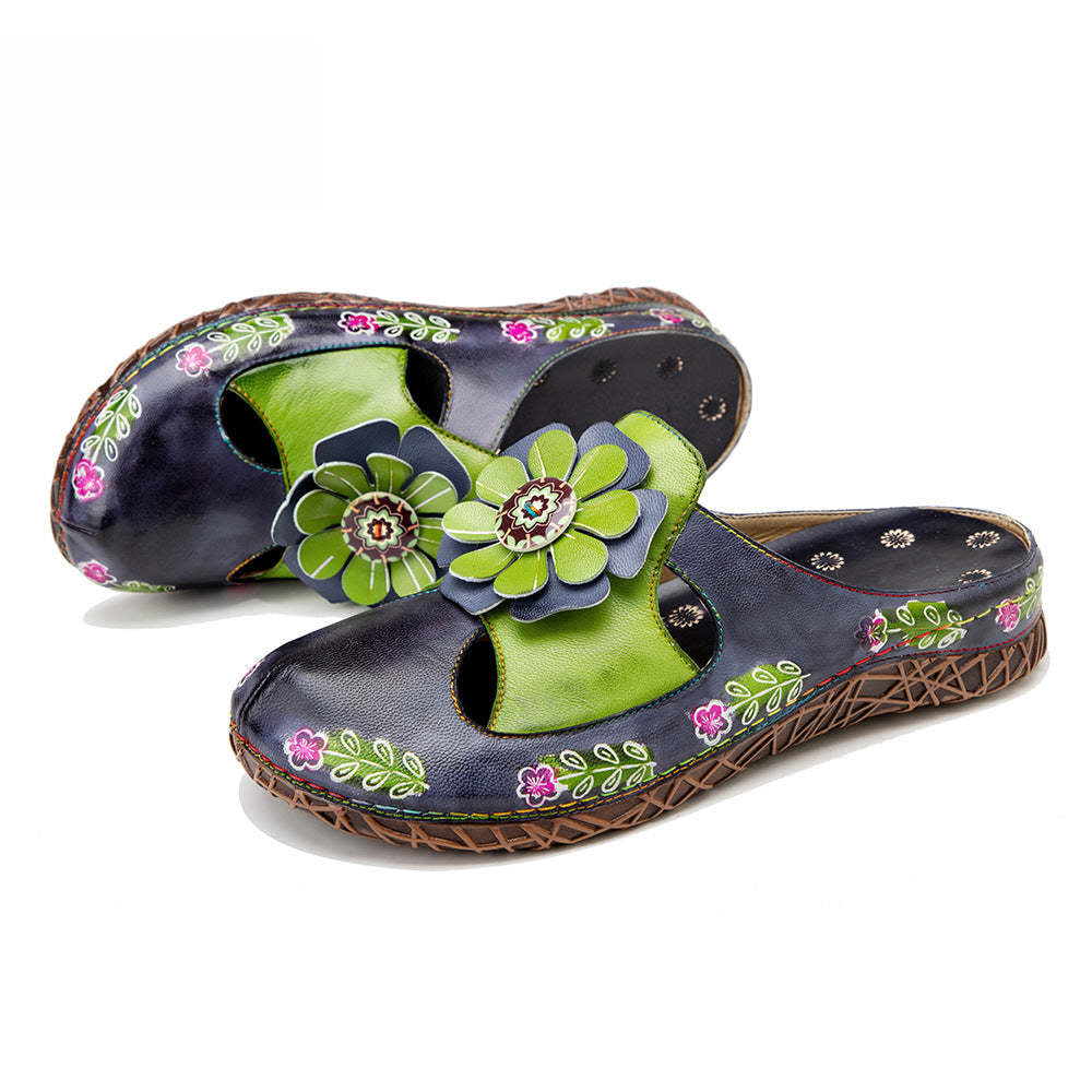 Socofy Flat Flower Daily Home Casual Back Heel Half Slippers Women