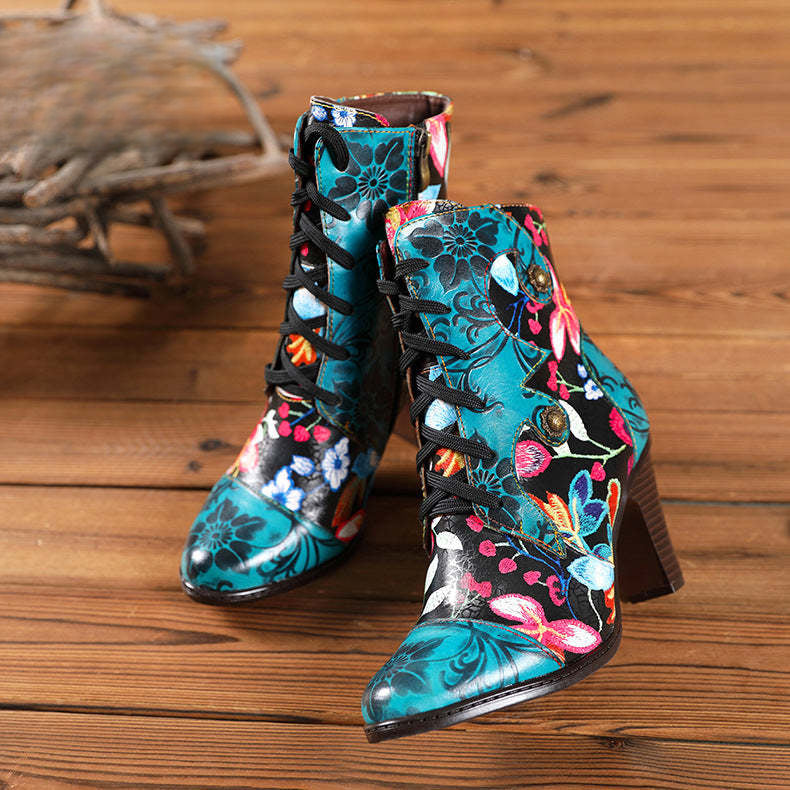 Socofy Vicconfy Ethnic Cowhide Handmade Vintage Flower High Heel Women's Boots