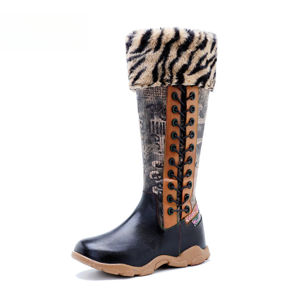 Socofy Vicconfy Printed Patchwork Padded Comfort Flat High Boots