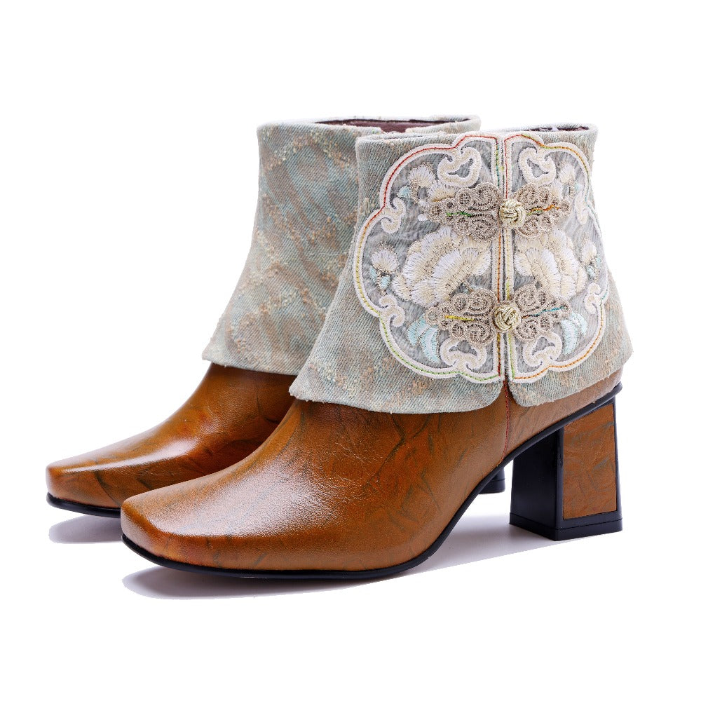 Socofy Timeless Handmade Leather Heeled Short Boots