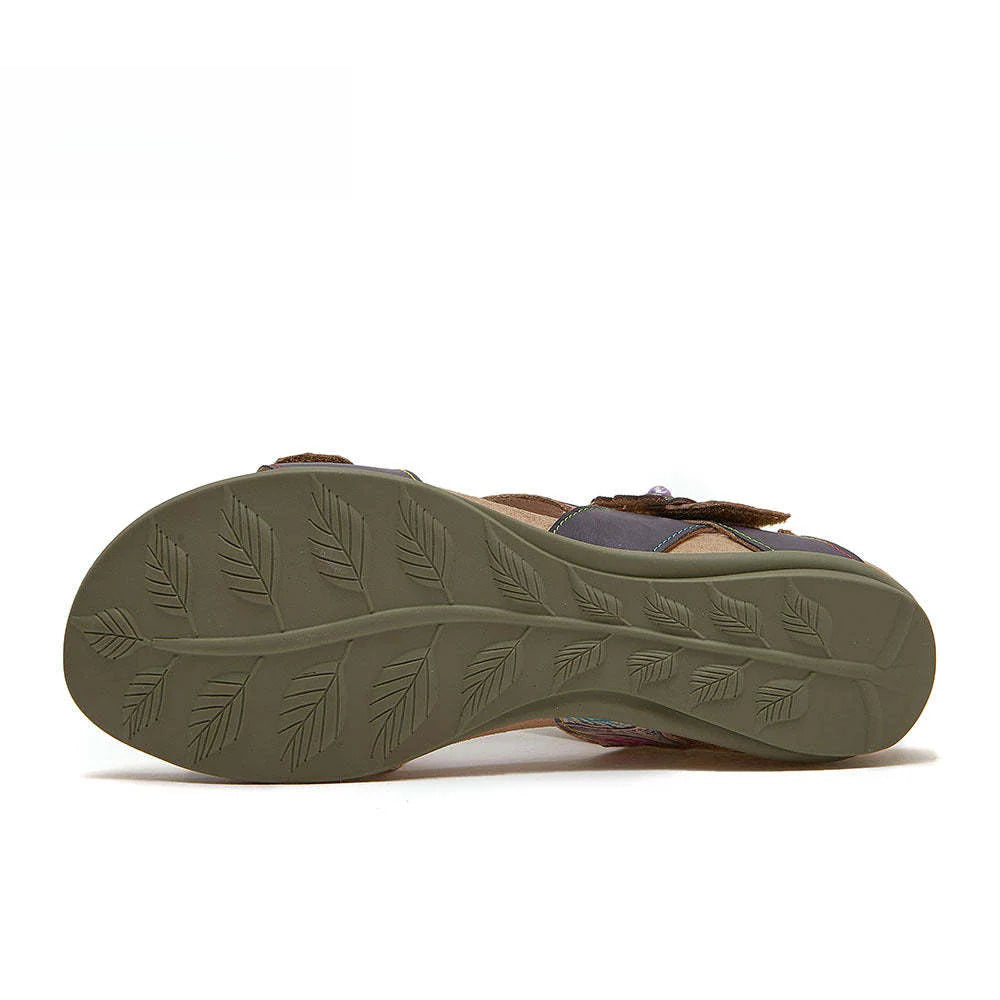 Socofy Bohemian retro first-layer cowhide flower-embellished women's sandals