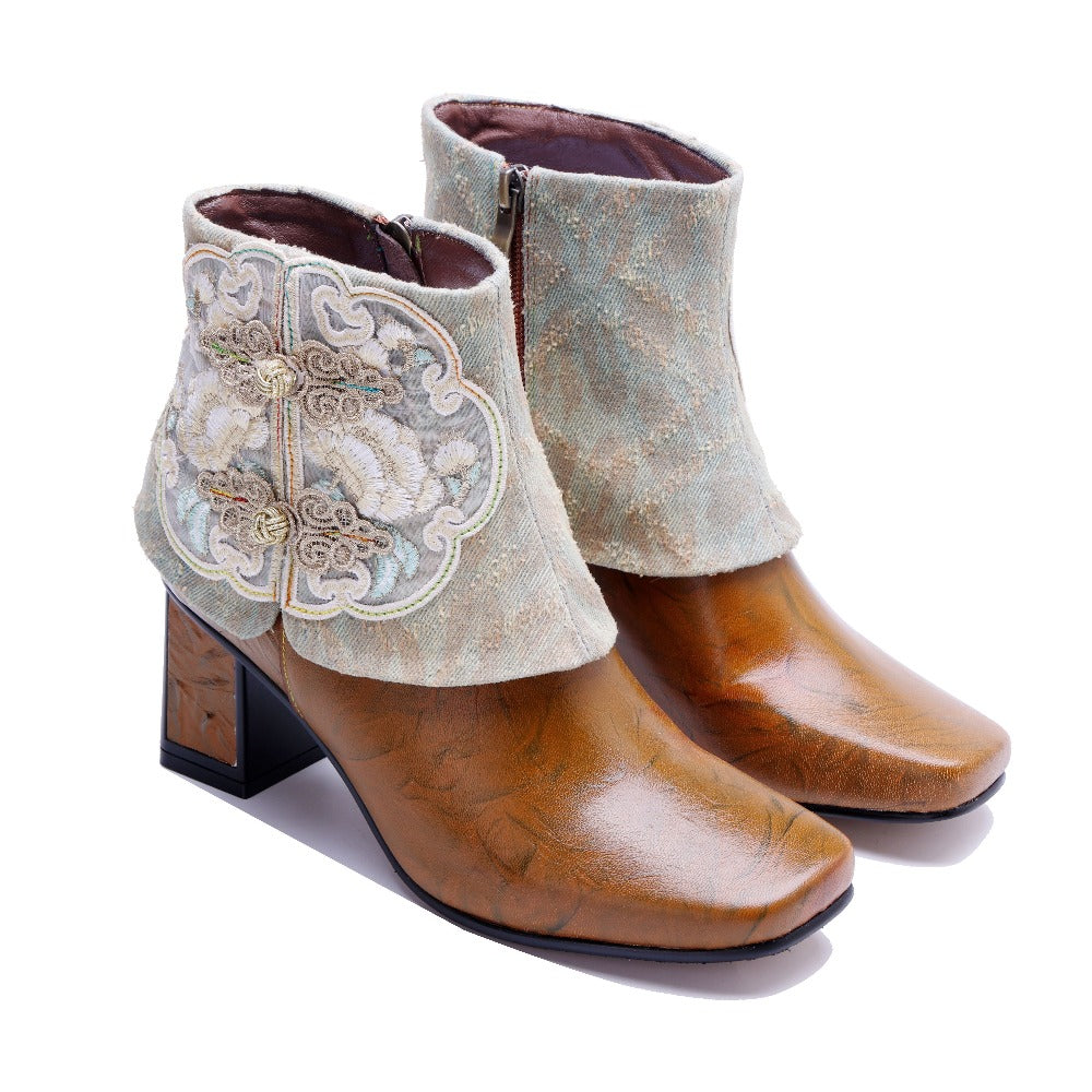 Socofy Timeless Handmade Leather Heeled Short Boots
