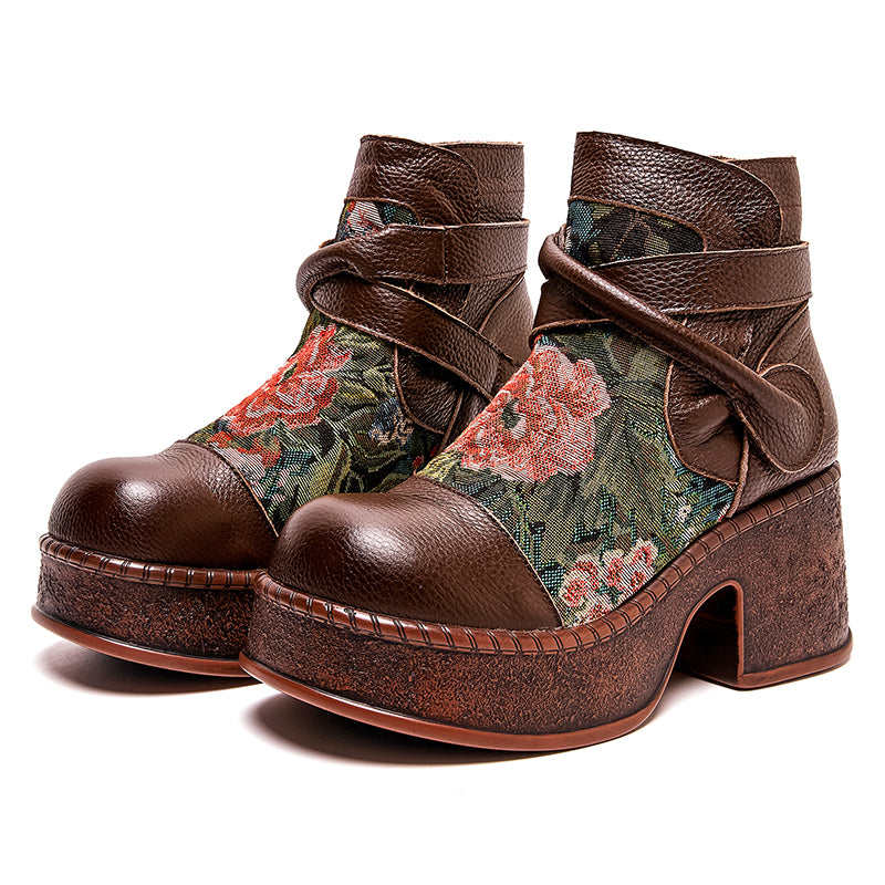 Socofy Retro Cowhide Leather Chunky Heel Platform Boots