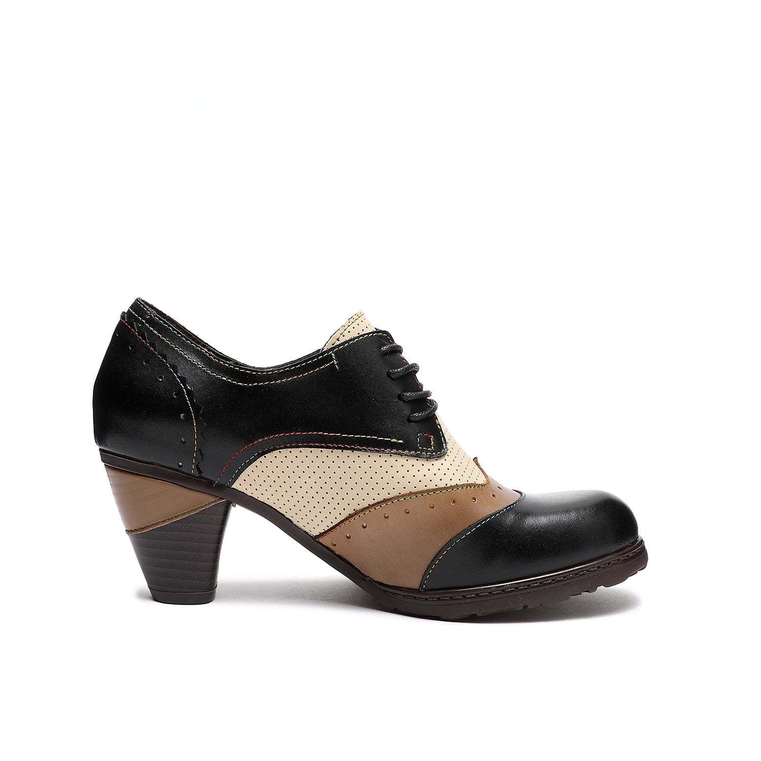 Socofy Thick-heeled retro ethnic style low-top round-toe women pumps