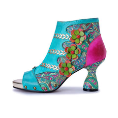 Socofy Vicconfy Leather Floral Fish Mouth Lake Green Heeled Sandals