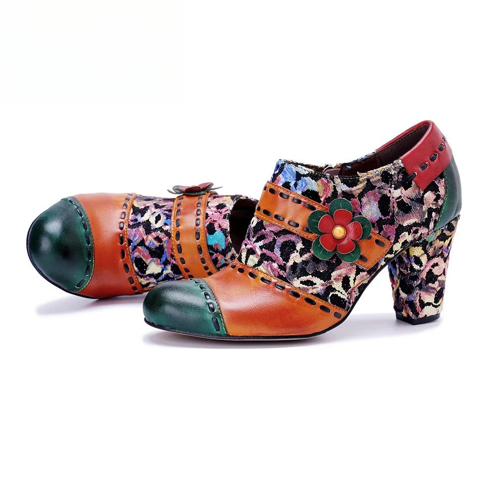 Socofy Genuine Leather Vintage Floral Chunky Heeled Women Pumps