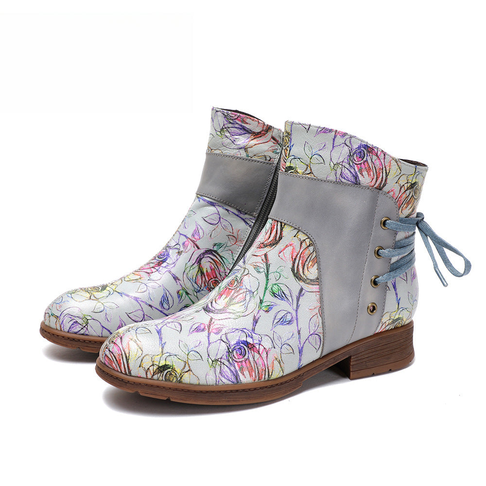 Socofy Vicconfy Retro Leather Blossom Casual Comfort Ankle Boots