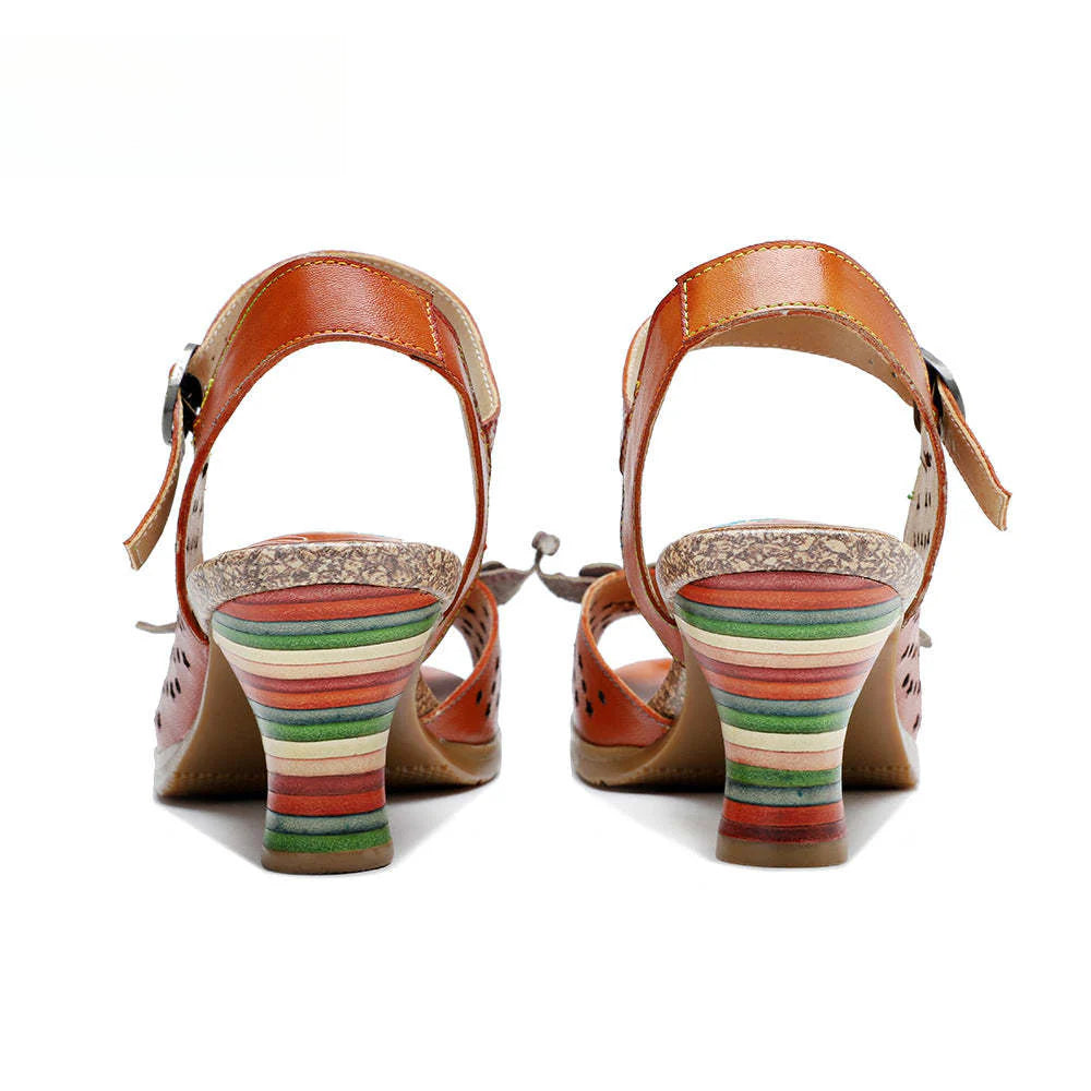 Socofy Summer Genuine Leather Hollow Three-dimensional Flower Comfortable Women's High Heels